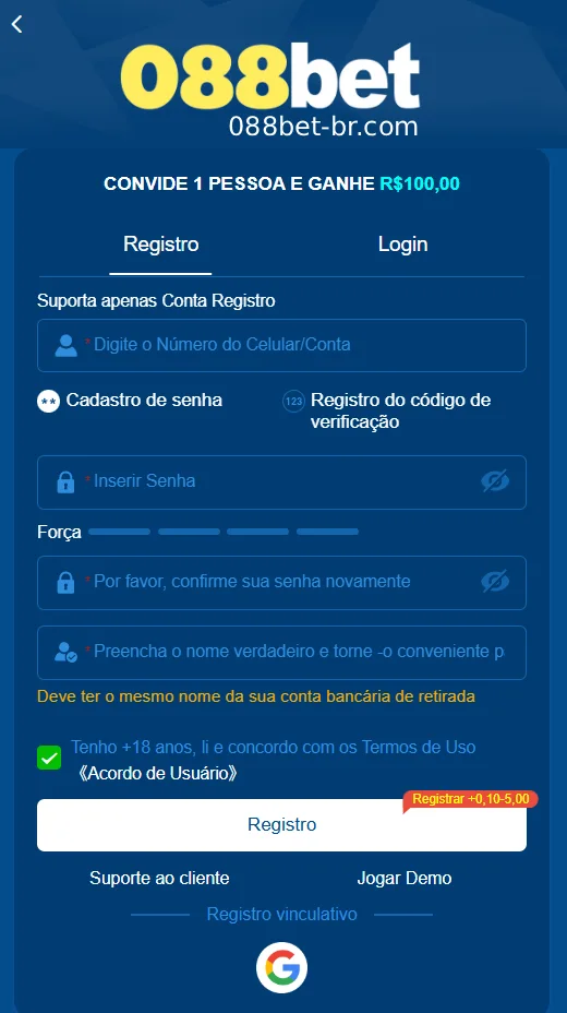 Página de registro da 088BET para novos usuários
